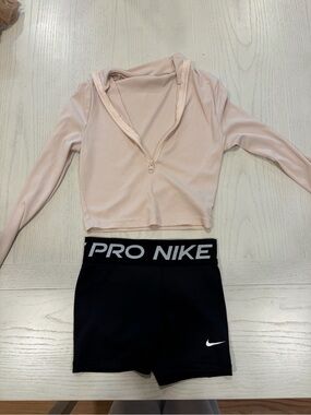 Dance Outfit- Nike Pro Black Workout Shorts with Light Tan Zip Crop Top